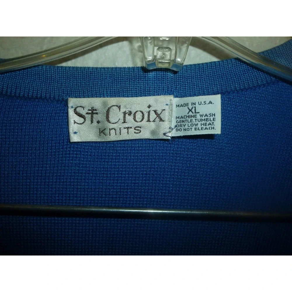 St Croix Knits Mens XL Blue V-Neck Sweater Abstract Stripe Mercerized Cotton USA